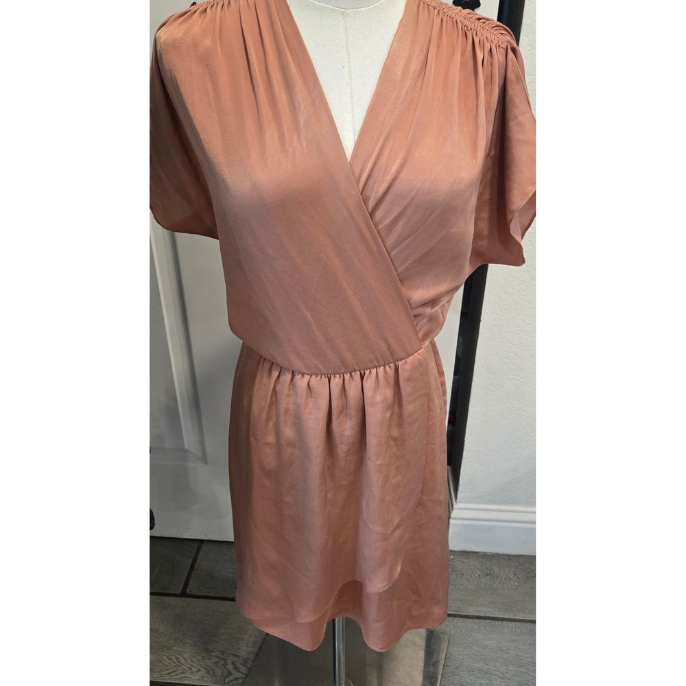 BCBGMAXAZRIA Dusty Rose Faux Silk Wrap Dress Pleated Shoulder XXS